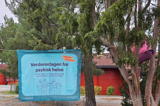 et skilt ved siden av et tre